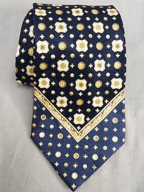 Vitaliano Pancaldi Men's 100% Silk Tie Black Blue Gold Geometric Medallion Italy